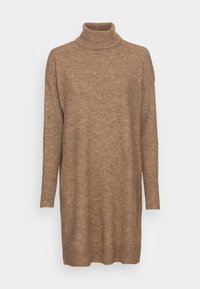 Brun stickad polotröja klänning med långärmar, avslappnad passform, ribbade ärmslut och nederkant. Mjuk textur, medellång design, minimal detaljering.