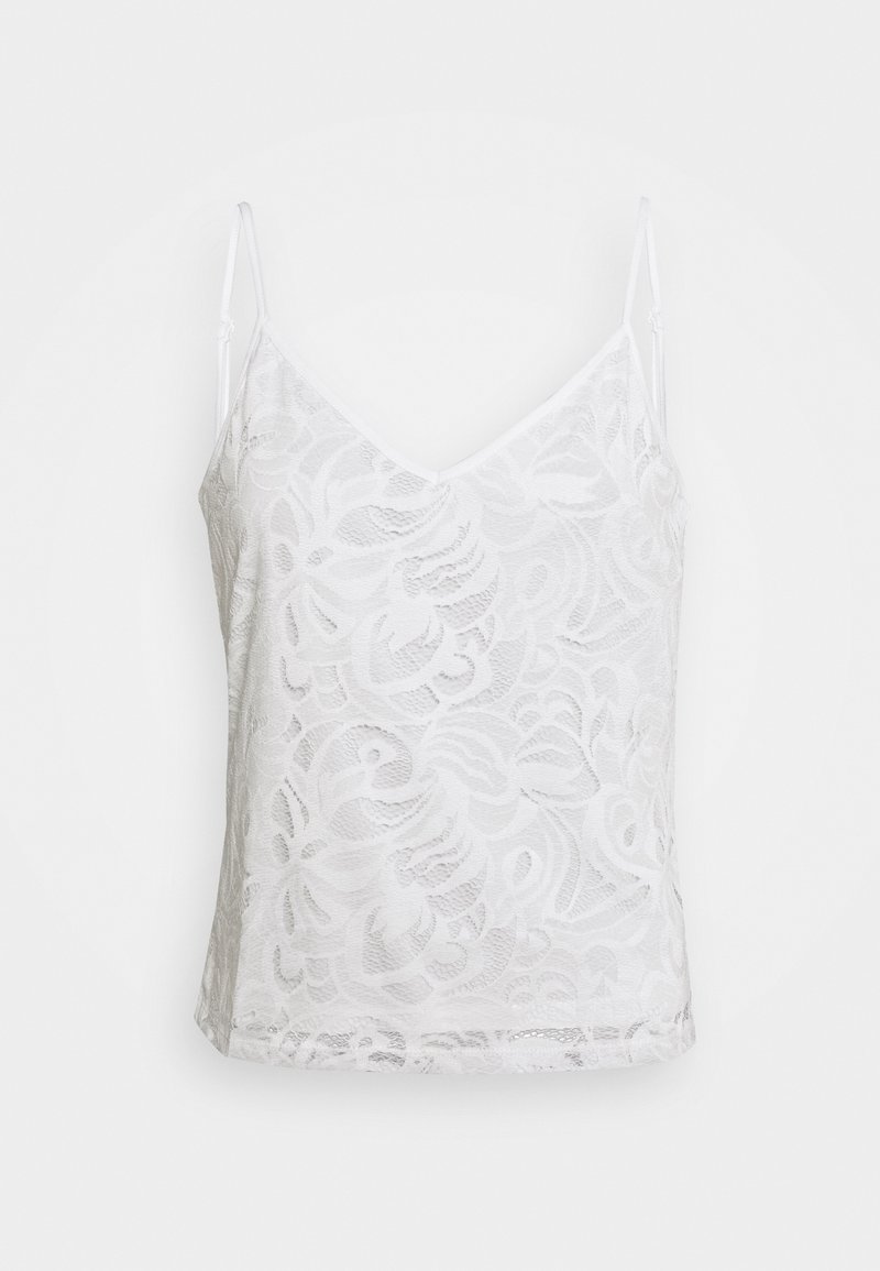 Camisole en dentelle blanche avec fines bretelles ajustables et motif floral, montrée sur un fond clair uni.