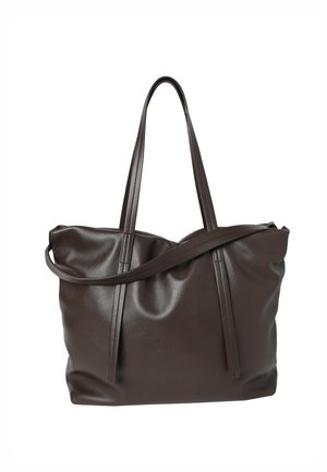 Dark brown soft leather tote bag with two long handles and one crossbody strap on a white background.