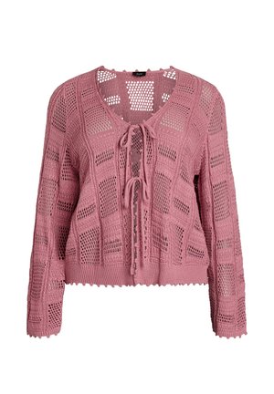 Roza pletena jopica z odprtim vzorcem patchwork, dolgimi rokavi, rebrastimi manšetami in robom ter sprednjimi trakovi na izrezu in prsih.