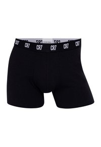 Boxer aderenti in cotone nero con design solido, fascia elastica con marchio bianco "CR7" e vestibilità comoda.