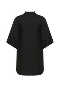 Tunique noire avec un col froncé haut, des manches amples et une coupe droite. Fabriquée en tissu léger texturé, avec une finition lisse.