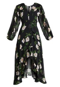 Zwart bloemenjurk van lichtgewicht stof, met lange mouwen, een diepe V-hals en een asymmetrische volantsrand. Witte bloemen met groene bladeren als detail.