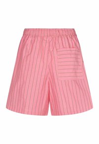 Roza kratke hlače s elastičnim pasom in eno stransko žepom. Črte so v kontrastni barvi, kar ustvarja linearni vzorec.