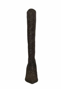 Botte noire à paillettes, montant jusqu'au genou, avec un bout pointu, un design épuré et un talon angulaire robuste. La surface texturée capte la lumière.