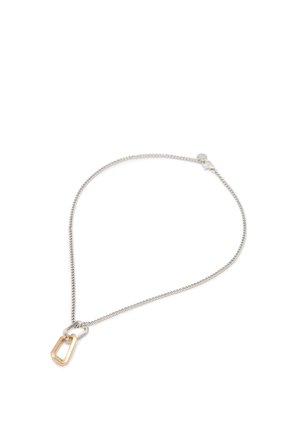 Silver chain necklace with interlocking geometric pendants, one gold and one silver, on a white background.