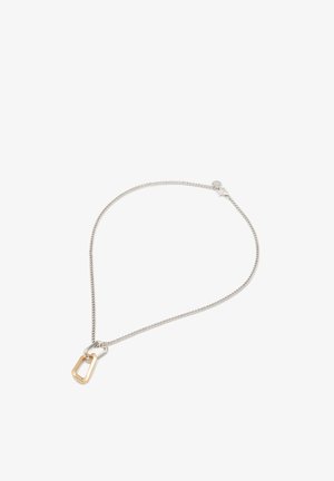 Silver chain necklace with interlocking geometric pendants, one gold and one silver, on a white background.