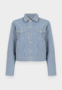 Μπλε και λευκό τζιν μπουφάν με κάθετες ρίγες, κλείσιμο με κουμπιά, δύο τσέπες στο στήθος με καπάκια και κουμπιά, και κανονικό γιακά.