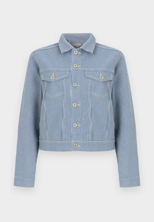 Blå og hvit denimjakke med vertikale striper, knappelukking, to brystlommer med klaff og knapper, og en standard krage.