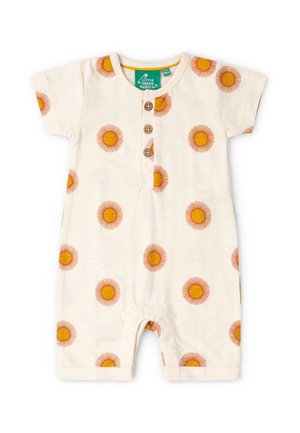 Cream-colored short-sleeve baby romper with brown sun faces pattern and three wooden buttons on the front placket.