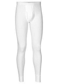 White long underwear made of soft cotton, featuring a fitted design, elastic waistband, and a contoured pouch at the front.