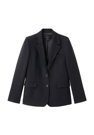 Schwarzer, einreihiger Nadelstreifen-Blazer mit zwei Knöpfen, angewinkelten Revers und Klappentaschen, entworfen für Frauen.