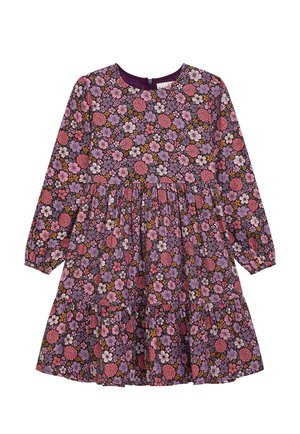 Long-sleeve children's dress with gathered waist and colorful floral pattern in pink, purple, and white on a dark background.