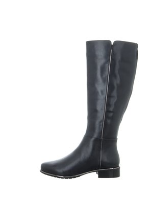 Hoher schwarzer Lederstiefel mit niedrigem Absatz und seitlichem Reißverschluss, entworfen für Damenmode und Winterbekleidung.