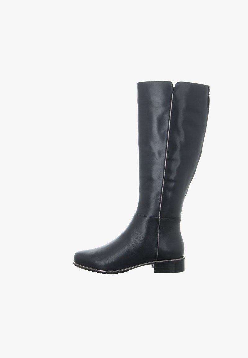 Botte haute en cuir noir avec un talon bas et une fermeture éclair latérale, conçue pour la mode féminine et les vêtements d'hiver.