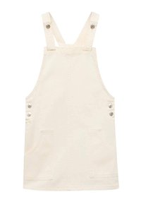 Lichtbeige denim tuinbroek jurk met verstelbare bandjes, zilverkleurige beslag, twee voorkeurszakken en een rechte snit.