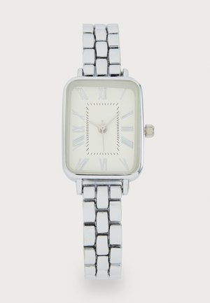 Silver rectangular wristwatch with a white face, Roman numeral hour markers, and a polished metal bracelet featuring links.