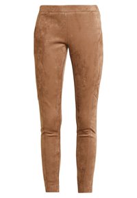 Leggings de ante sintético marrón ajustados con una textura suave, que presentan detalles de costura a lo largo de los lados y una cinturilla elástica.