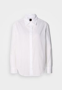 White long-sleeve button-up shirt made of lightweight fabric. Features a classic collar, front buttons, and cuffed sleeves.
