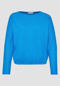 Niebieski sweter z długim rękawem, z teksturowanym wzorem plastra miodu, okrągłym dekoltem i marszczonym hemem dla lepszego kształtu. Miękka wykończenie materiału.