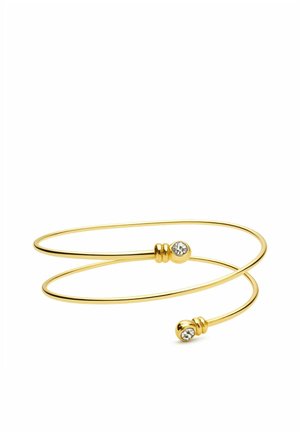 Bracelet fin en spirale dorée avec des extrémités ouvertes, chacune surmontée d'une petite pierre précieuse claire, sur fond blanc.