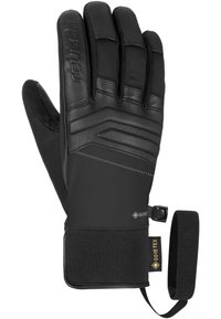 Schwarze, isolierte Handschuhe mit einer wasserfesten Gore-Tex-Schicht, strukturiertem Handflächenbereich, flexiblem Material und einem Handgelenkband für einen sicheren Sitz.