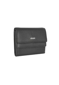 Black leather wallet with a textured finish, featuring a front flap and embossed logo. Compact rectangular shape with visible stitching accents.