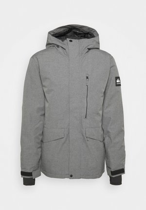 Gray insulated jacket with a hood, zippered chest pocket, two large front pockets, and ribbed cuffs. Features a logo on the sleeve.