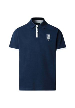 Navy blue polo shirt with white button placket and sleeve cuffs, featuring Hackett London Rowing Club logo on the left chest.