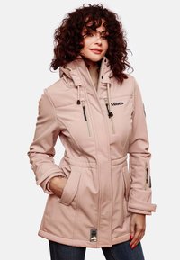 Light pink softshell jacket featuring a hood, zippered pockets, drawstrings, and contrasting seams; smooth texture with minimal branding.