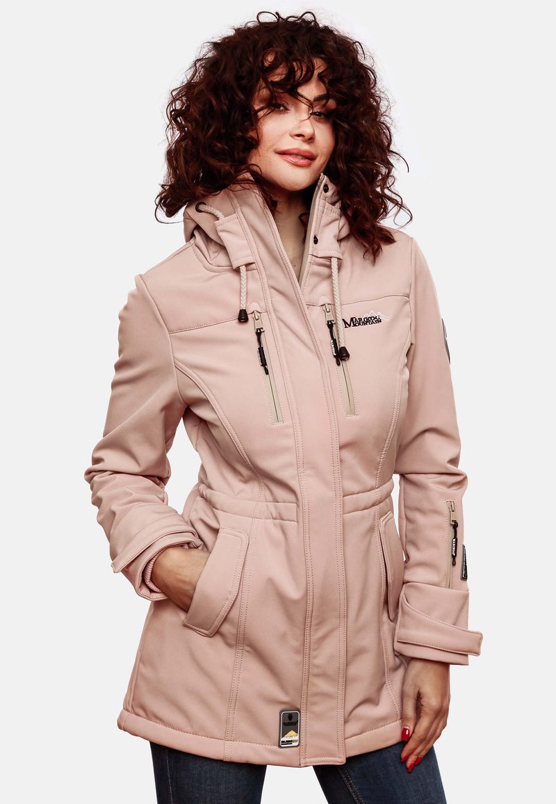 Light pink softshell jacket featuring a hood, zippered pockets, drawstrings, and contrasting seams; smooth texture with minimal branding.