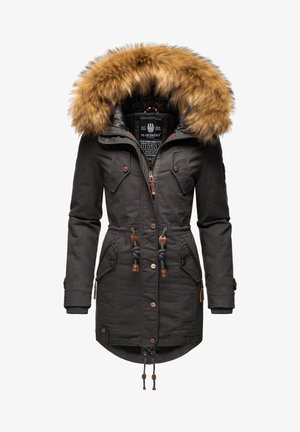 Tumedast hallist parka mantlist, millel on kunstkarvane kapuuts, luku ees, nööriga vöökoht, kaks rinna taskut ja soonikkoes varrukad.
