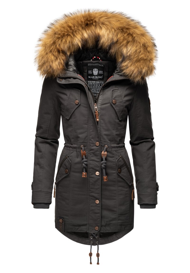 Parka coat in dark gray with a faux fur hood, zippered front, drawstring waist, two chest pockets, and ribbed cuffs.