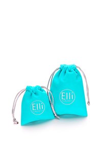 Turquoise fabric jewelry pouches, one larger and one smaller, feature silver drawstrings and the logo "Elli" printed in white.