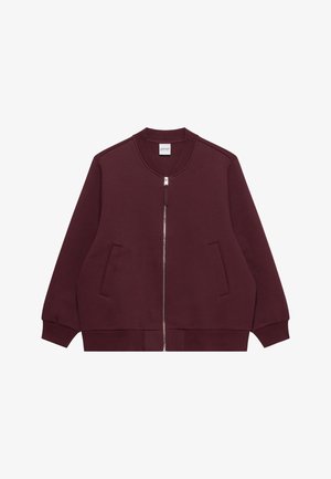 Vinrød bomberjakke med glidelås foran, ribbet krage, mansjetter, kant og to skråstilte frontlommer.