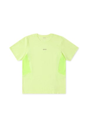 Kurzarm-T-Shirt in fluoreszierendem Gelb mit kontrastierenden grünen Seiteneinsätzen, leicht, mit glatter Textur und kleinem Logo auf der Vorderseite.
