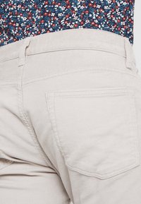 Beżowe spodnie sztruksowe o teksturowanej powierzchni, z tylną kieszenią i gładkim paskiem w talii. Materiał jest miękki z pionowymi żebrowaniami.