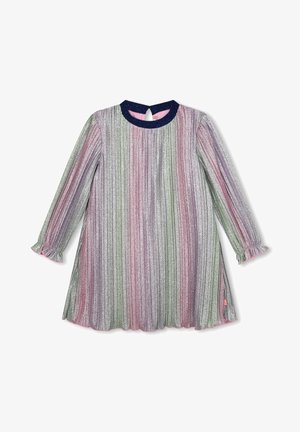 Robe plissée à manches longues avec des rayures verticales argentées, roses et vertes et un col rond bleu foncé avec une fermeture par bouton au dos.