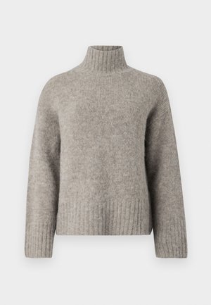 Light gray turtleneck sweater made of soft, textured fabric. Features ribbed cuffs and hem, with a relaxed fit and minimal design.