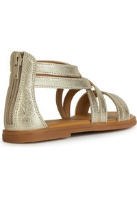 Metalické zlaté sandály s několika popruhy, se zipem na zadní straně a plochou hnědou podrážkou. Hladký povrch s lesklým finišem.