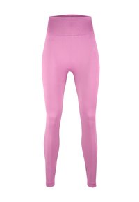 Leggings roses en tissu lisse et extensible, dotés d'une taille haute et d'un design sans couture, sans poches ni coutures visibles.