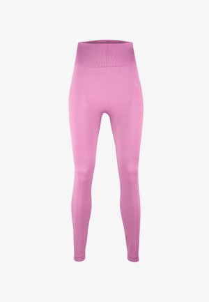 Różowe legginsy wykonane z gładkiego, elastycznego materiału, z wysokim stanem i bezszwowym wzorem, bez kieszeni i widocznych szwów.