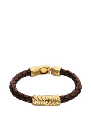 Pulsera trenzada de cuero marrón oscuro con cierre de metal dorado texturizado y barra decorativa central dorada.