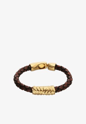 Pulsera trenzada de cuero marrón oscuro con cierre de metal dorado texturizado y barra decorativa central dorada.