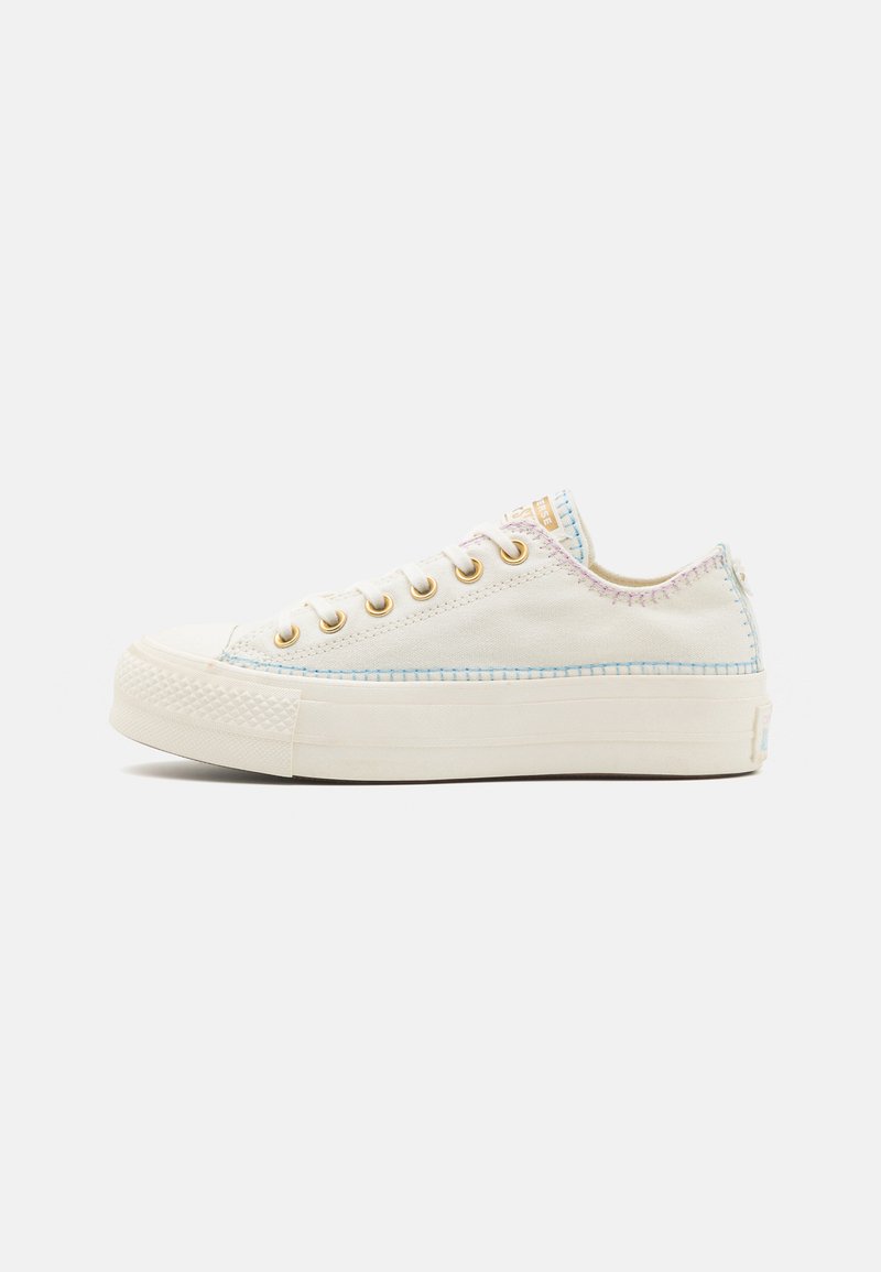 Καμβάς χαμηλά sneakers σε off-white χρώμα με μπλε και παστέλ ραφές, χρυσούς κρίκους και υφασμάτινη υφή στην σόλα.