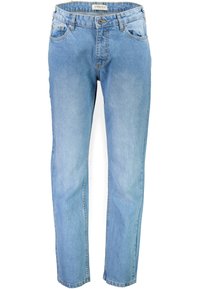 Jeans de denim azul claro con un diseño de pierna recta, que cuentan con un cierre de botones, cinco bolsillos y un ligero desvanecimiento en la tela.