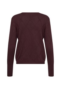 Pull violet foncé à manches longues avec un motif subtil en maille losange et des poignets et un ourlet en côtes, vu de dos.
