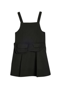 Robe noire avec des bretelles ajustables, un corsage ajusté, une jupe plissée et deux poches avant. Fabriquée en tissu lisse avec une texture minimale.