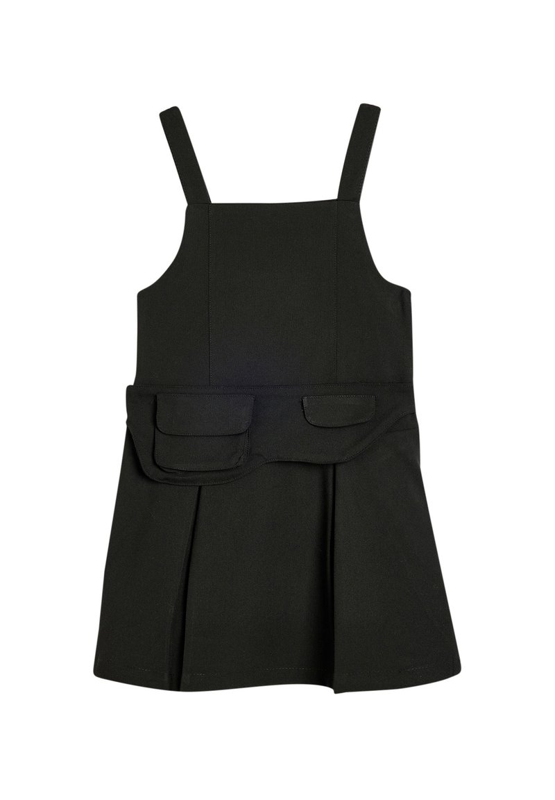 Robe noire avec des bretelles ajustables, un corsage ajusté, une jupe plissée et deux poches avant. Fabriquée en tissu lisse avec une texture minimale.