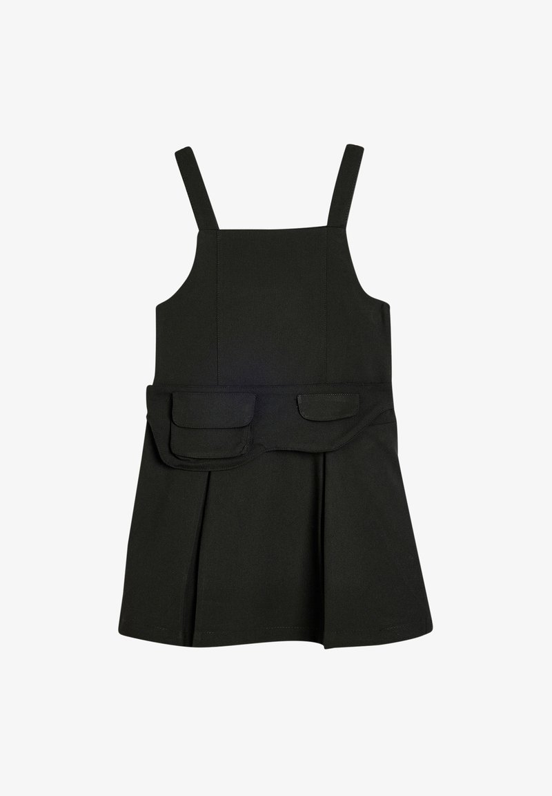 Vestido negro con tirantes ajustables, corsé ajustado, falda plisada y dos bolsillos frontales. Hecho de tela suave con mínima textura.